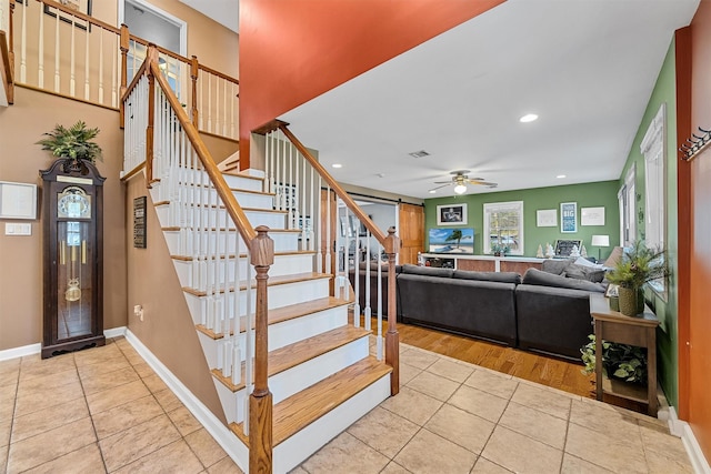 21 Mile Rd, Suffern, NY 10901 - staircase featuring tile patterned floors, ceiling fan, baseboards, and recessed lighting