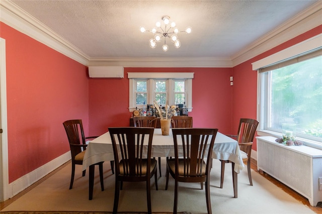 42-32 204th St, Bayside, NY 11361 - dining space with radiator, an AC wall unit, ornamental molding, a chandelier, and light wood-style floors