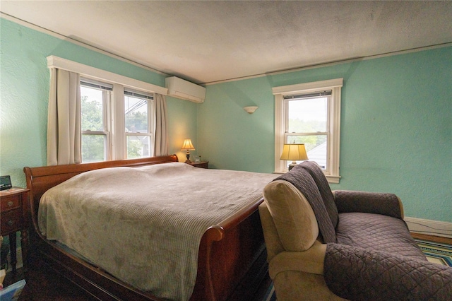 42-32 204th St, Bayside, NY 11361 - bedroom featuring an AC wall unit, multiple windows, and a textured wall