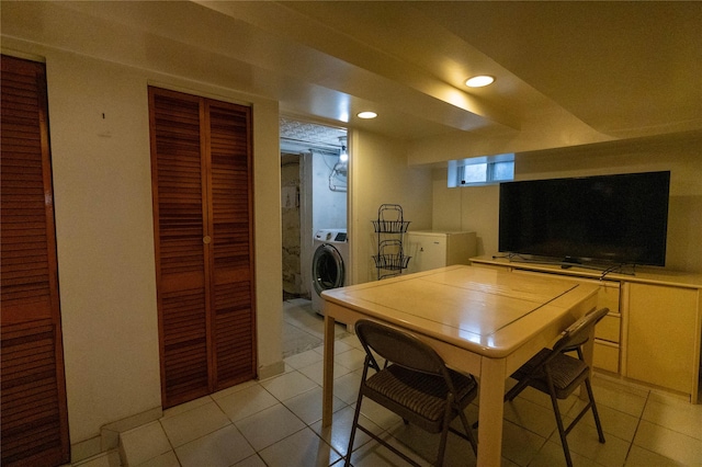 42-32 204th St, Bayside, NY 11361 - rec room featuring washer / clothes dryer, light tile patterned flooring, and recessed lighting