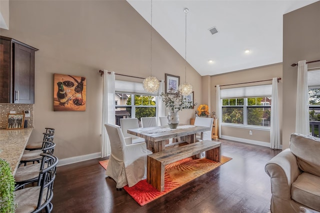 135 Rosebud Ct Unit 135, Patchogue, NY 11772 - dining room featuring high vaulted ceiling, baseboards, dark wood-style floors, plenty of natural light, and recessed lighting