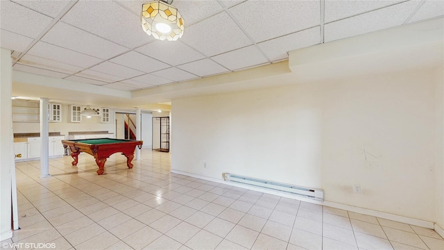 3 Caledonia Cir, Highland Mills, NY 10930 - recreation room featuring a baseboard heating unit, a paneled ceiling, pool table, baseboards, and light tile patterned floors