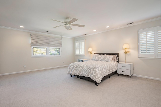 82 Woods Dr, East Hills, NY 11576 - bedroom featuring light carpet, crown molding, baseboards, recessed lighting, and a ceiling fan