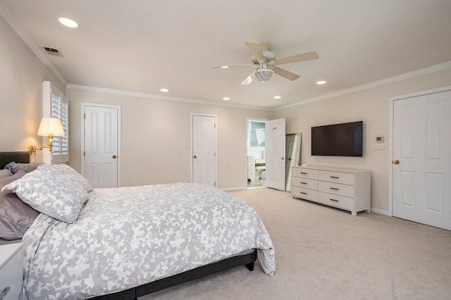82 Woods Dr, East Hills, NY 11576 - bedroom featuring light carpet, crown molding, baseboards, recessed lighting, and a ceiling fan