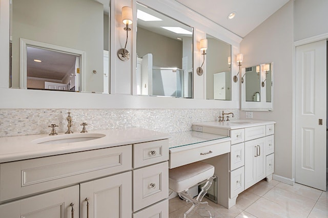 82 Woods Dr, East Hills, NY 11576 - full bathroom featuring double vanity, a shower with door, baseboards, recessed lighting, and tile patterned floors
