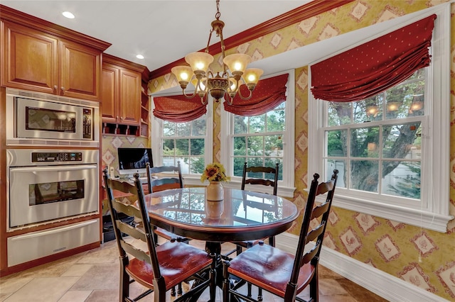 100 Fairfax Rd, Massapequa, NY 11758 - dining area featuring wallpapered walls, a chandelier, baseboards, and recessed lighting