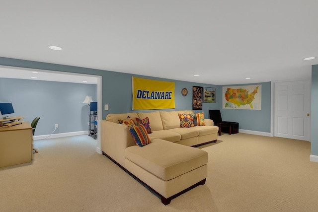 100 Fairfax Rd, Massapequa, NY 11758 - living room with carpet floors, recessed lighting, an office area, and baseboards