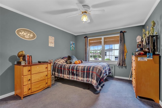 100 Fairfax Rd, Massapequa, NY 11758 - carpeted bedroom with ornamental molding, baseboards, and a ceiling fan