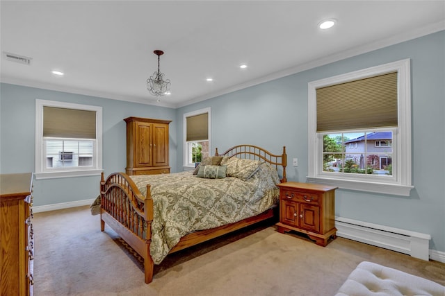 100 Fairfax Rd, Massapequa, NY 11758 - bedroom with a baseboard radiator, light colored carpet, recessed lighting, baseboards, and crown molding