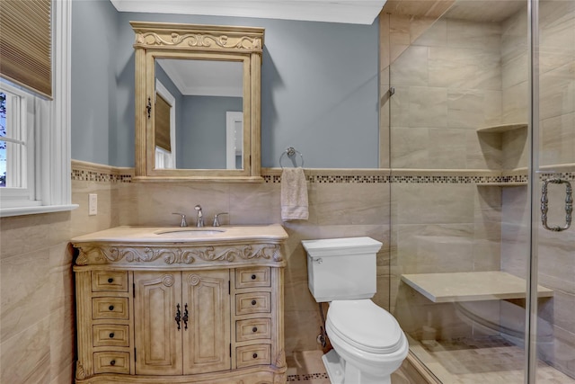 100 Fairfax Rd, Massapequa, NY 11758 - full bathroom with toilet, tile walls, a stall shower, vanity, and crown molding