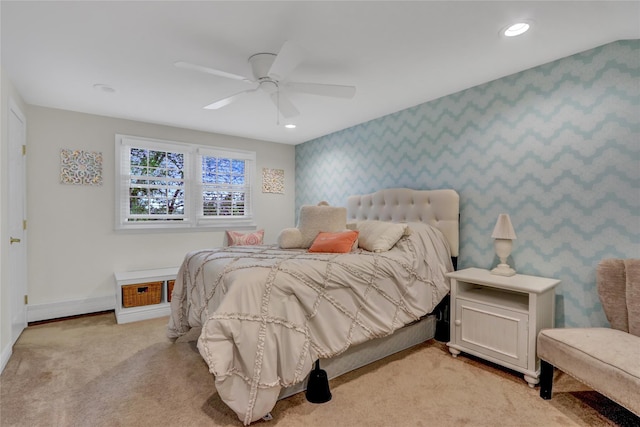 100 Fairfax Rd, Massapequa, NY 11758 - bedroom with wallpapered walls, light carpet, a ceiling fan, baseboards, and recessed lighting