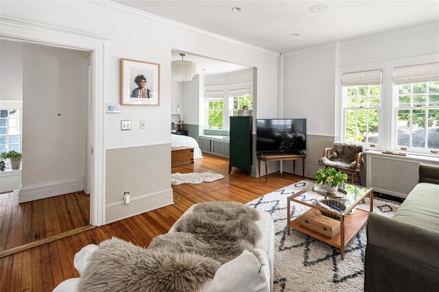 305 Park Hill Ave, Yonkers, NY 10705 - living area featuring radiator, hardwood / wood-style floors, and ornamental molding