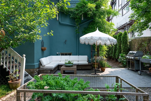 305 Park Hill Ave, Yonkers, NY 10705 - view of patio with an outdoor hangout area, a vegetable garden, stairway, and grilling area