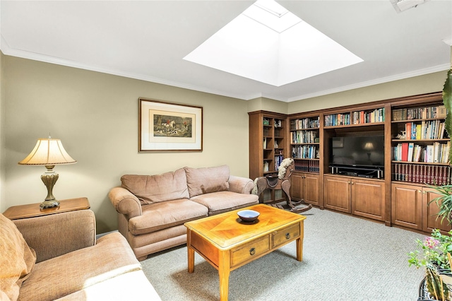 82 Harbour Ln, Bay Shore, NY 11706 - carpeted living area with a skylight and ornamental molding