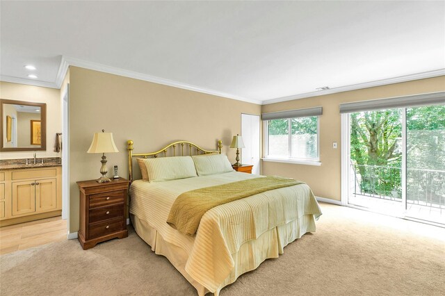 82 Harbour Ln, Bay Shore, NY 11706 - bedroom with access to outside, light colored carpet, crown molding, ensuite bath, and recessed lighting