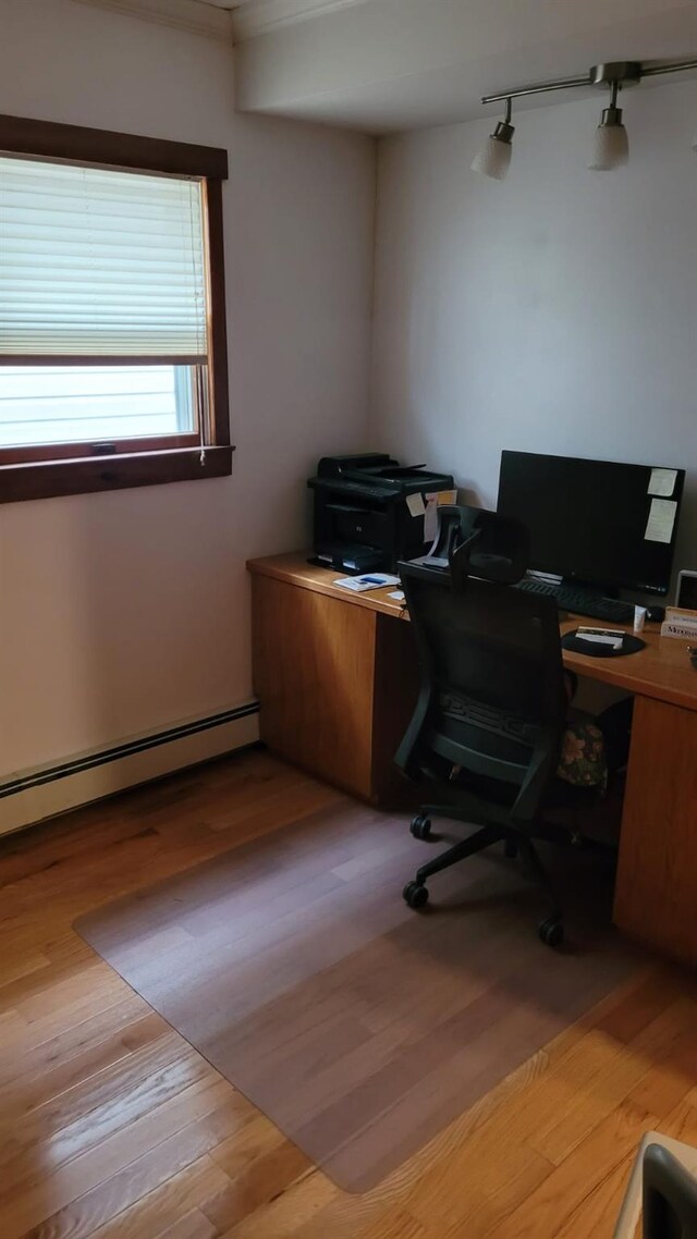 10 W 15th Rd, Broad Channel, NY 11693 - office area with a baseboard radiator, light wood-type flooring, and ornamental molding