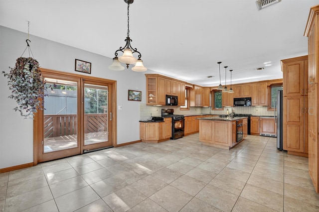 15 Dr Frank Rd, Spring Valley, NY 10977 - kitchen with black appliances, open shelves, decorative backsplash, a center island, and hanging light fixtures