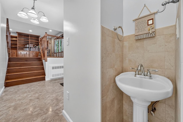 15 Dr Frank Rd, Spring Valley, NY 10977 - bathroom featuring tile walls, a chandelier, recessed lighting, and a shower