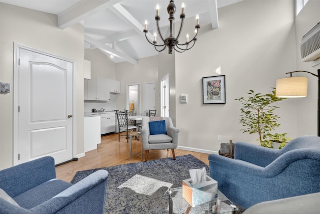 15 Dr Frank Rd, Spring Valley, NY 10977 - living area with beam ceiling, light wood-type flooring, a chandelier, and high vaulted ceiling