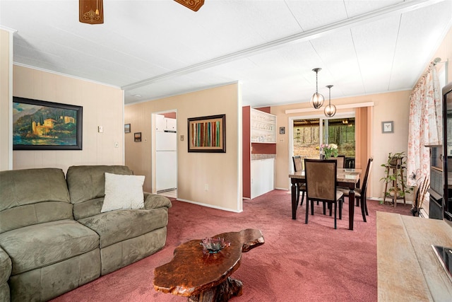 22 Bodine Lake Rd, Call Listing Agent, NY 12792 - carpeted living area featuring baseboards, a chandelier, and crown molding