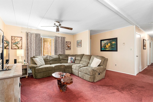 22 Bodine Lake Rd, Call Listing Agent, NY 12792 - carpeted living room featuring a ceiling fan, baseboards, and a baseboard radiator