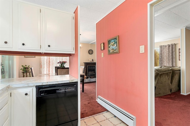 22 Bodine Lake Rd, Call Listing Agent, NY 12792 - kitchen featuring black dishwasher, a baseboard heating unit, light carpet, white cabinetry, and ornamental molding