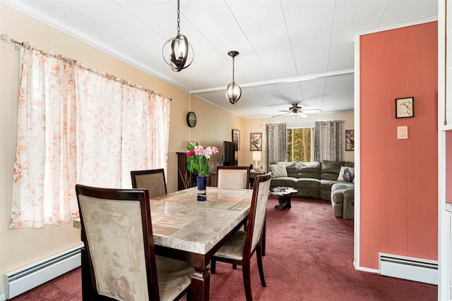 22 Bodine Lake Rd, Call Listing Agent, NY 12792 - dining space featuring a baseboard heating unit, dark carpet, and a ceiling fan