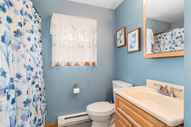 22 Bodine Lake Rd, Call Listing Agent, NY 12792 - bathroom with a baseboard radiator, toilet, vanity, curtained shower, and tile patterned flooring
