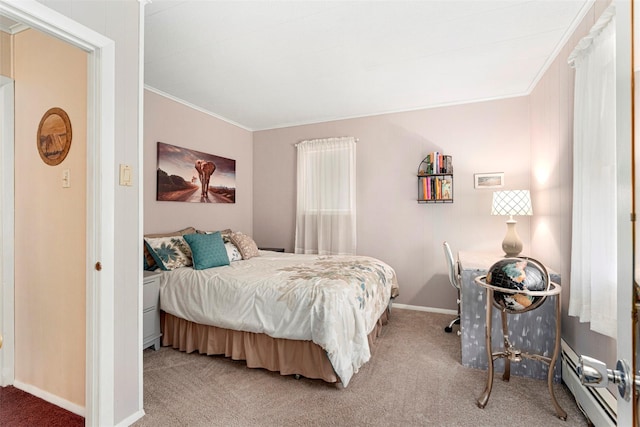 22 Bodine Lake Rd, Call Listing Agent, NY 12792 - bedroom with ornamental molding, carpet floors, baseboard heating, and baseboards