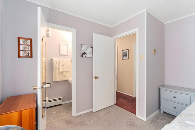 22 Bodine Lake Rd, Call Listing Agent, NY 12792 - bedroom with baseboard heating, light carpet, ornamental molding, and baseboards