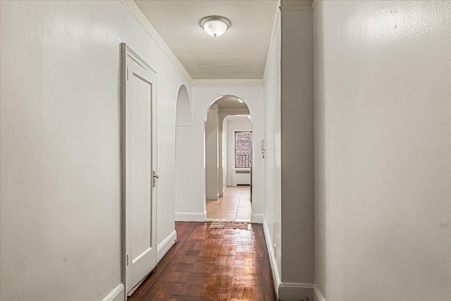 3505 Parsons Blvd Unit 5H, Flushing, NY 11354 - corridor featuring arched walkways, crown molding, wood finished floors, and baseboards