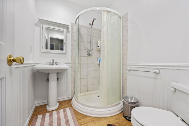 571 Farm To Market Rd, Brewster, NY 10509 - full bath featuring toilet, wainscoting, a shower stall, and wood finished floors