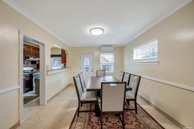 21-89 47th St, Long Island City, NY 11105 - dining space featuring a wall unit AC, ornamental molding, baseboards, and arched walkways