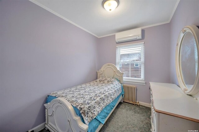 21-89 47th St, Long Island City, NY 11105 - carpeted bedroom with radiator, an AC wall unit, baseboards, and crown molding