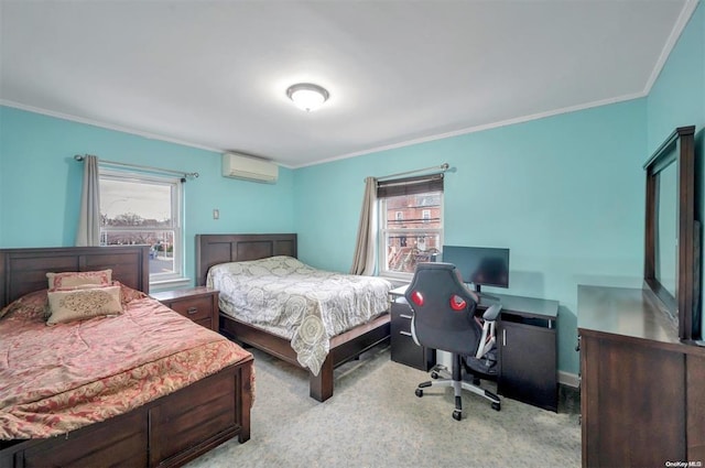 21-89 47th St, Long Island City, NY 11105 - carpeted bedroom with a wall mounted air conditioner, multiple windows, ornamental molding, and a desk