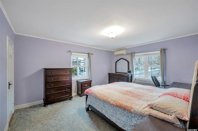 21-89 47th St, Long Island City, NY 11105 - bedroom featuring an AC wall unit, ornamental molding, multiple windows, baseboards, and carpet