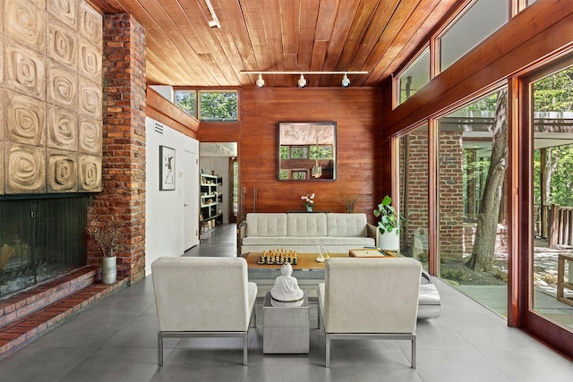 100 Old Pascack Rd, Pearl River, NY 10965 - living area with rail lighting, wooden ceiling, wooden walls, and a fireplace