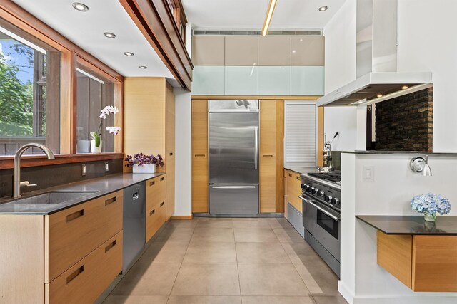 100 Old Pascack Rd, Pearl River, NY 10965 - kitchen with stainless steel appliances, ventilation hood, a sink, and dark countertops