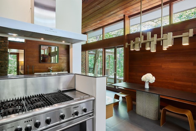 100 Old Pascack Rd, Pearl River, NY 10965 - kitchen featuring exhaust hood, gas stove, wooden walls, plenty of natural light, and tile patterned floors