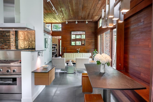 100 Old Pascack Rd, Pearl River, NY 10965 - dining space with rail lighting, wooden walls, wood ceiling, tile patterned floors, and a towering ceiling