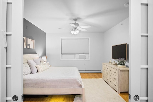 87 Horton Dr, Monsey, NY 10952 - bedroom with baseboard heating, light wood finished floors, ceiling fan, and cooling unit