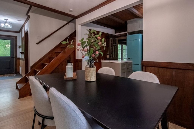 22 Mount Laurel Rd, Greenfield Park, NY 12435 - dining room with stairway, wood finished floors, ornamental molding, and beam ceiling