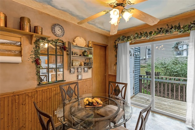 8 Cedar St, Tappan, NY 10983 - dining room with wainscoting, ceiling fan, and wooden walls