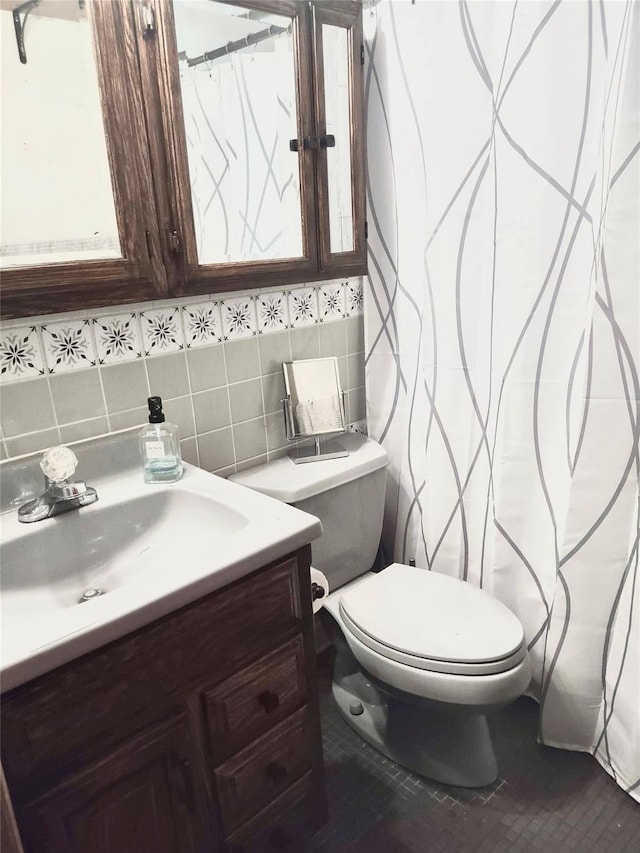 8 Cedar St, Tappan, NY 10983 - full bathroom with vanity, decorative backsplash, a shower with shower curtain, and tile walls