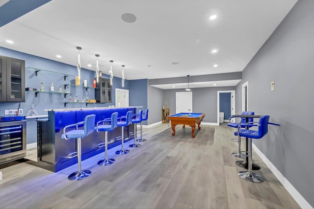 15 Somers Hills Rd, Carmel, NY 10512 - indoor dry bar featuring beverage cooler, recessed lighting, light wood finished floors, baseboards, and billiards table
