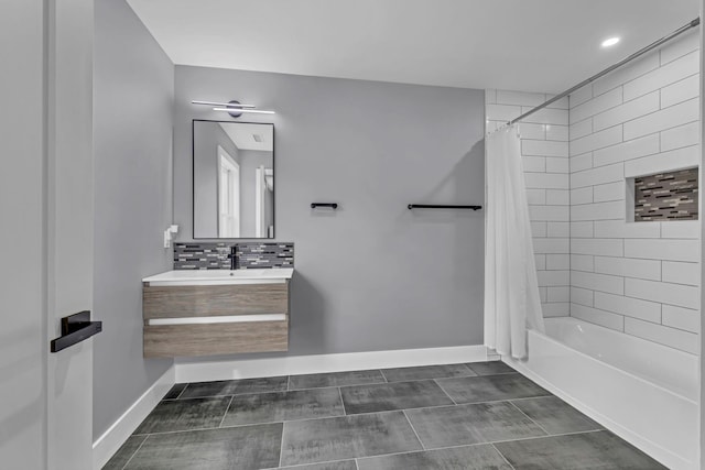 15 Somers Hills Rd, Carmel, NY 10512 - full bath with vanity, shower / tub combo with curtain, tasteful backsplash, baseboards, and recessed lighting