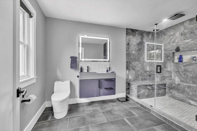 15 Somers Hills Rd, Carmel, NY 10512 - full bathroom with vanity, toilet, a marble finish shower, baseboards, and backsplash