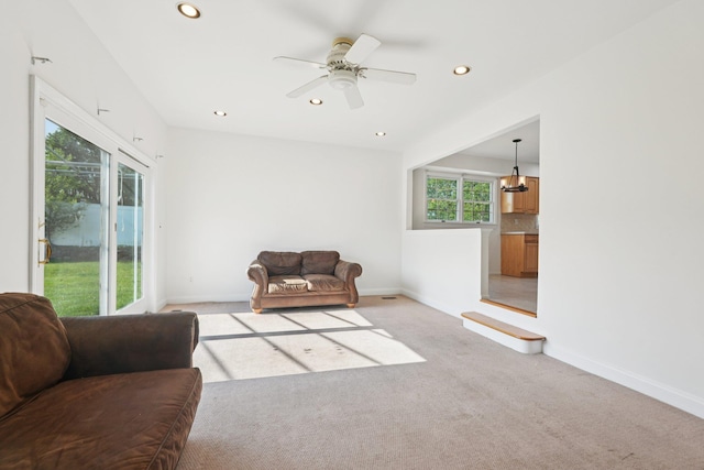 2 Sagamore Ave, Suffern, NY 10901 - living room featuring light carpet, recessed lighting, and a ceiling fan