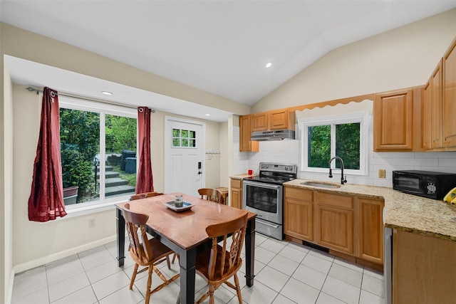 22 Claremont Trl, Monroe, NY 10950 - kitchen with electric range, a sink, black microwave, under cabinet range hood, and backsplash