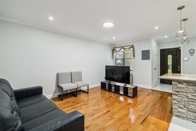 987 Pierce Ave, Bronx, NY 10462 - living area featuring light wood-type flooring, ornamental molding, electric panel, recessed lighting, and baseboards